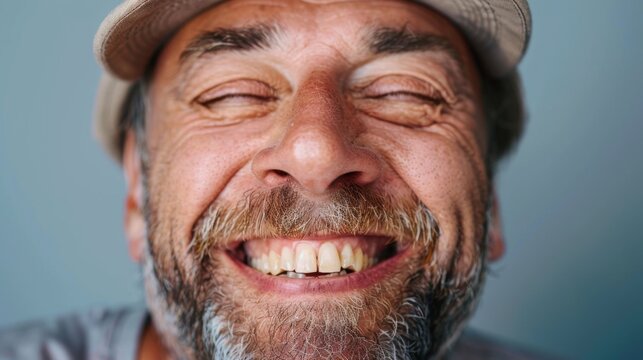 Joyful expression of a mature man with close-up of smiling face. National Humor Month - Powered by Adobe