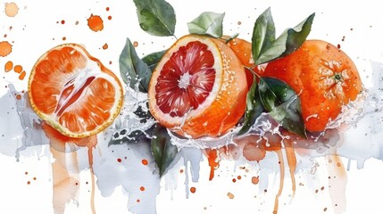Vibrant watercolor of fresh oranges and splashes: citrus art for decor or print. Grange Month