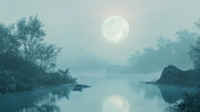 Tranquil moonlit river landscape shrouded in mist and fog