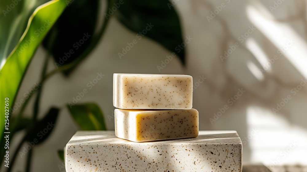 Poster Delicate display of overlapping natural soap bars on a textured surface surrounded by shadows and bright foliage : Generative AI