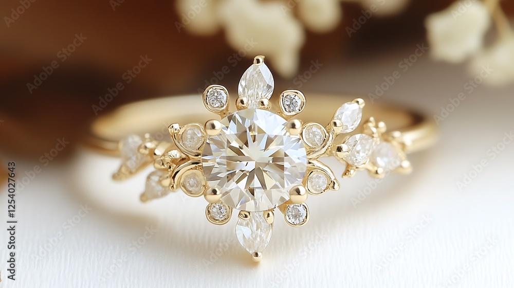 Poster gorgeous golden ring featuring a dazzling round gemstone with intricate side detailing for a sophist