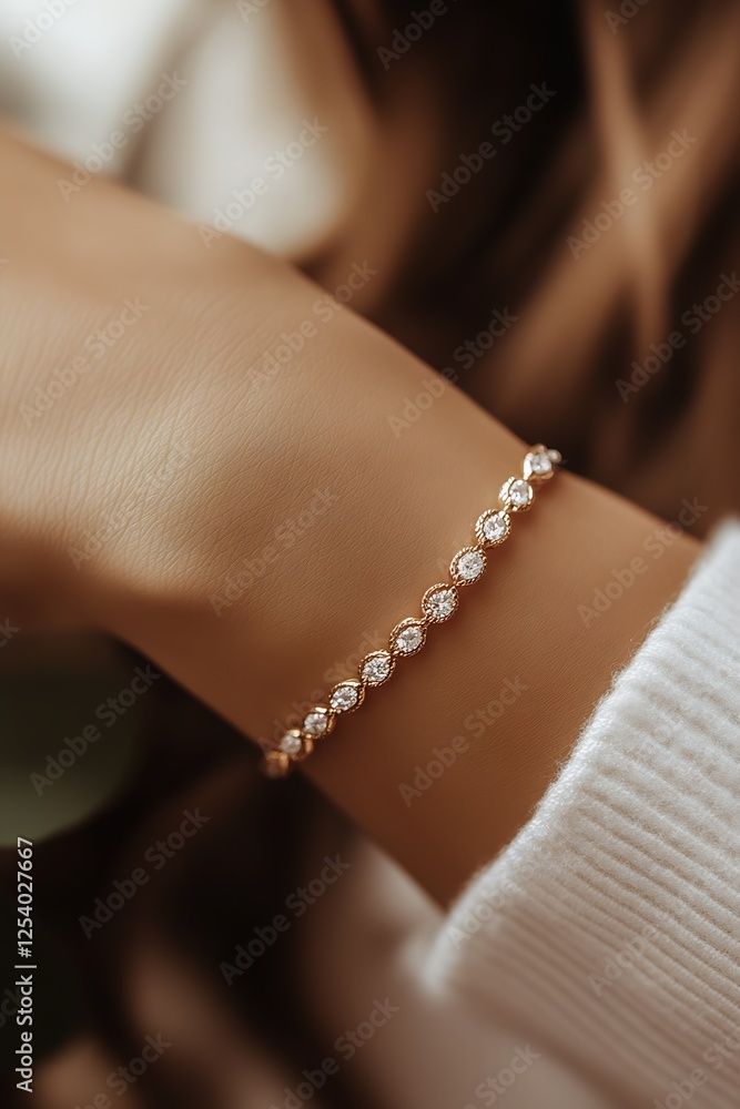 Poster glamorous close-up of a diamond bracelet on a woman's wrist with a soft textured background and natu