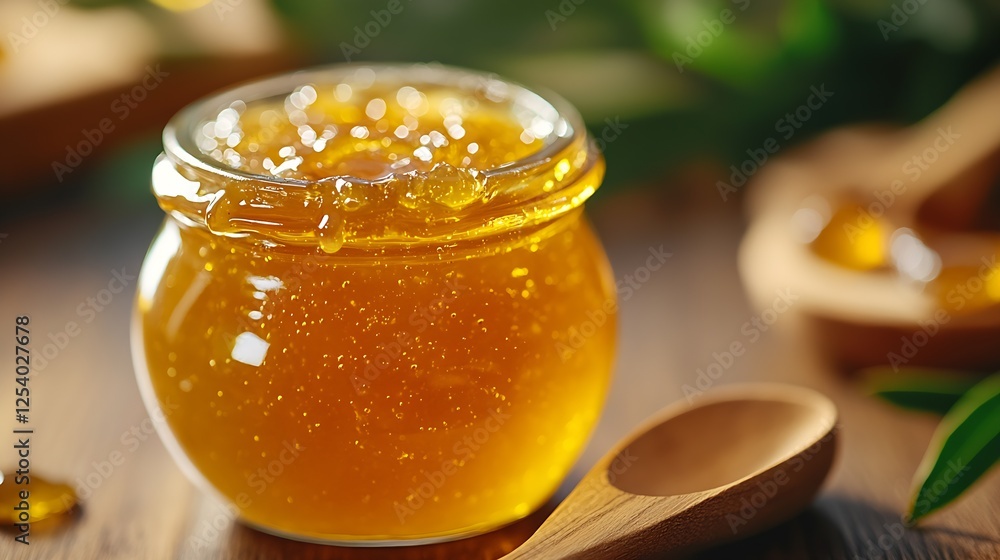 Poster delicate jar of honey surrounded by nature's touch with a wooden spoon for serving delight : generat
