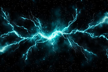 Electric blue lightning bolts cracking through a dark cosmic background, copy space
