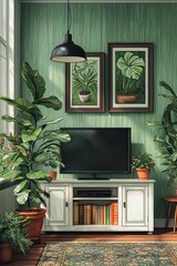 Cozy interior with green wall design and decorated by thriving potted plants