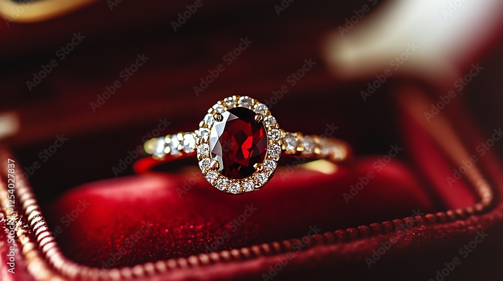 Aufkleber Elegant golden ring featuring a ruby surrounded by sparkling diamonds in plush setting : Generative AI