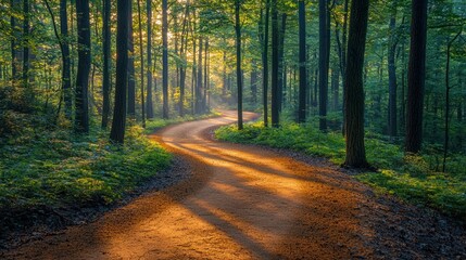 Fototapeta premium Sunlit forest path, winding road, morning mist, trees, nature scene, travel poster