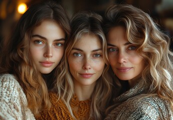 Fototapeta premium Three Women in Cozy Knit Sweaters Posing Together