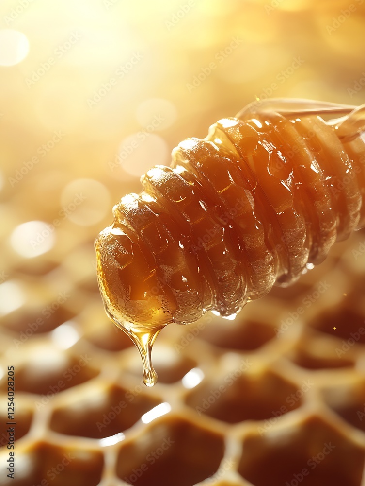 Poster glistening honey dripping from a honeycomb controlled by a busy honeybee : generative ai