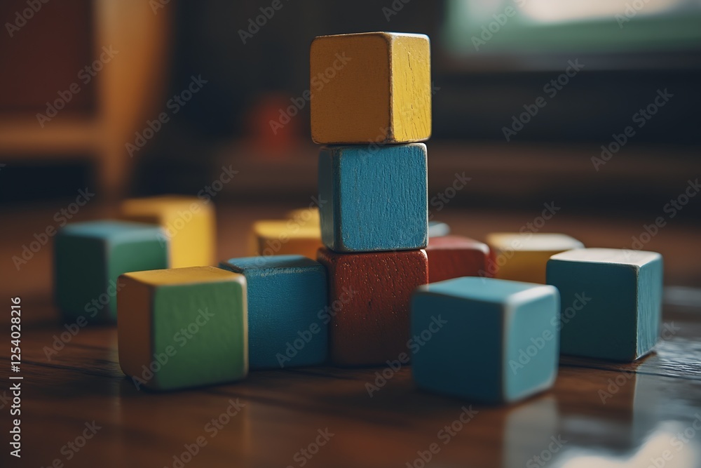 Aufkleber playful display of colorful wooden blocks stacked together on a wooden floor : generative ai