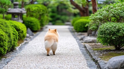 Cute dog walking on peaceful path in garden