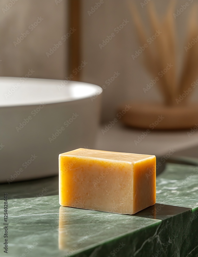 Poster natural handmade soap bar on a marble surface with soft lighting in a serene bathroom setting : gene