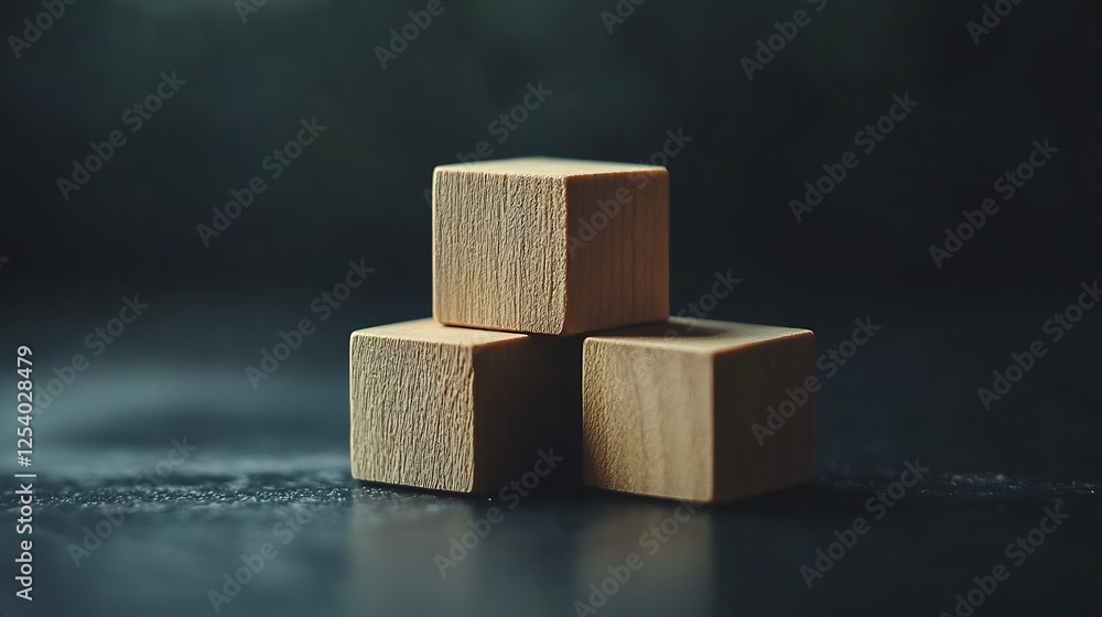 Poster close-up view of stacked wooden blocks with a dark smooth surface : generative ai