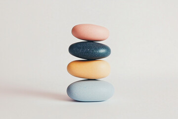Stack of Colorful Stones: A harmonious arrangement of four smooth, pastel-colored stones stacked perfectly, capturing the essence of balance and stability against a minimalist background.