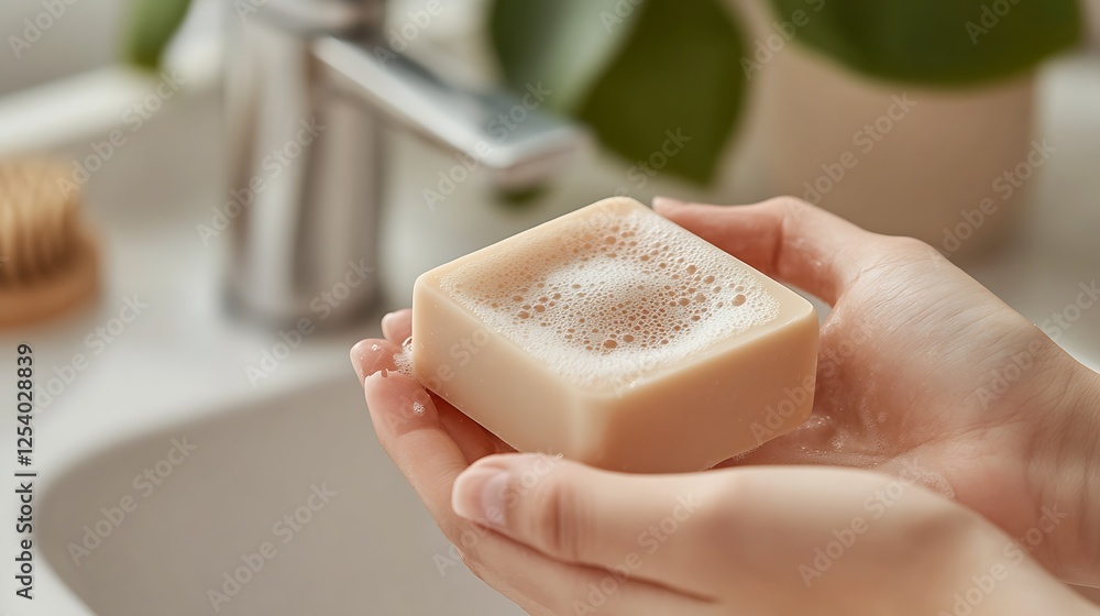 Poster welcoming and vibrant image of soap in hands with a bubbly foam in a stylish bathroom : generative a