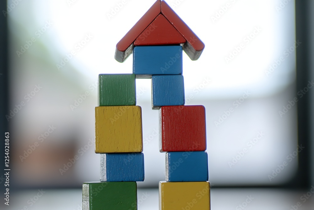 Poster charming stacked wooden blocks creating a colorful house with a distinctive red roof design : genera