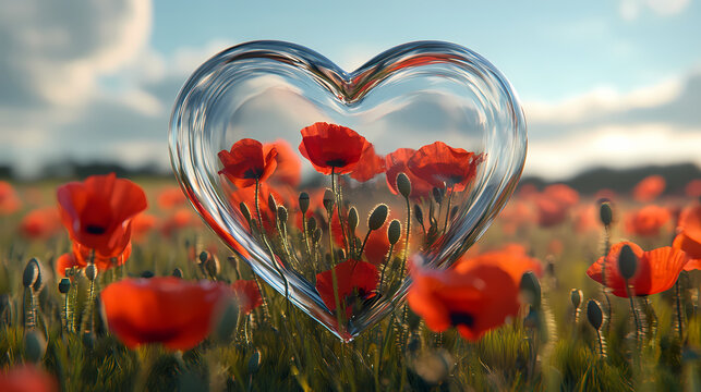 A floating glass heart encasing a field of poppies, their red petals standing out brightly inside. Floating Relics. Illustration