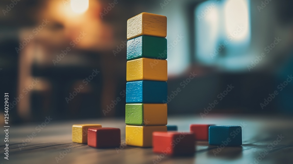 Poster colorful tower of wooden blocks sitting on a wooden table with a soft focus : generative ai