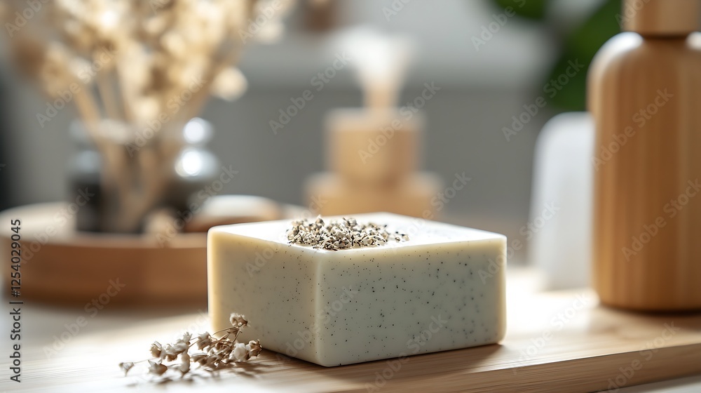 Poster Serene handmade natural soap placed elegantly among decorative elements for a tranquil setting : Generative AI