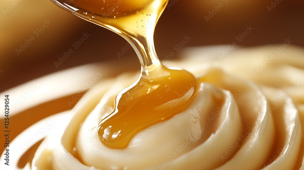 Poster drizzling honey over whipped cream yogurt creating a visually appealing and tempting dessert experie
