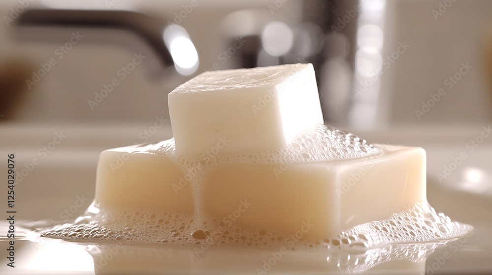 Aufkleber Artistic arrangement of soap bars with a bubbling frothy surface in a soothing bathroom setting : Generative AI