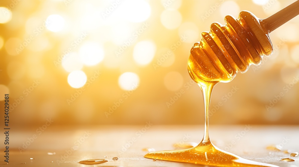 Poster Sweet honey drizzling from a wooden honey dipper creating a mesmerizing golden flow against a bokeh backdrop : Generative AI