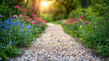 Naklejka premium Sunlit garden path, flowers, tranquil scene, relaxation