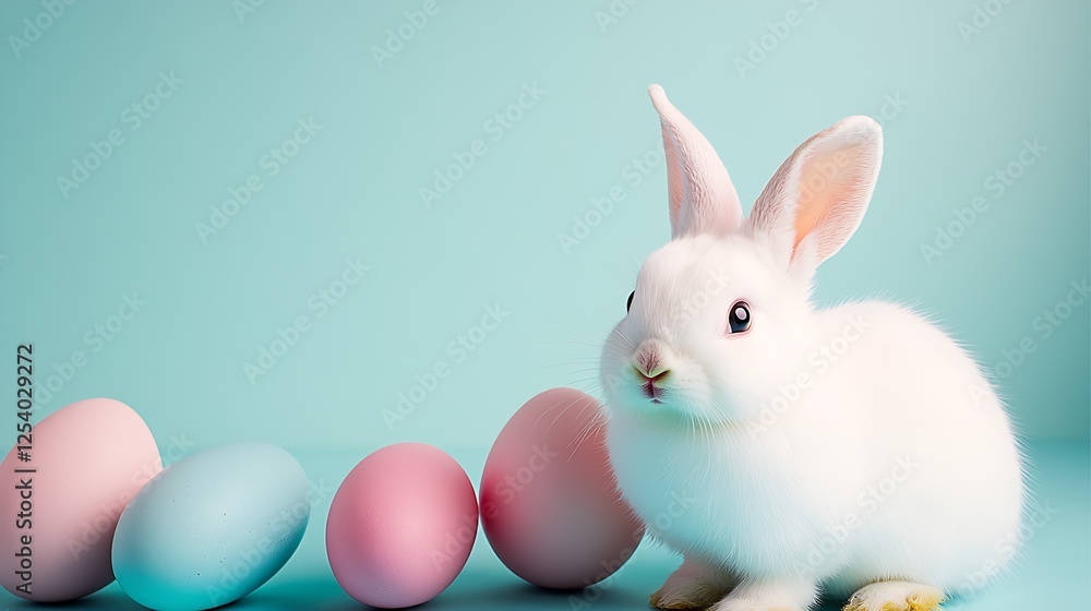 Poster playful white bunny sitting next to a collection of soft easter eggs in gentle spring hues : generat