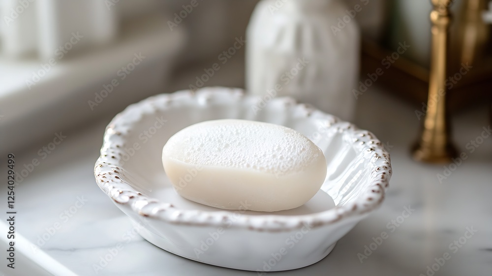 Poster minimalist view of a white soap on a decorative dish capturing the essence of elegance in a modern b