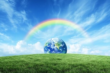 Green Earth with rainbow and clean air for Earth Day