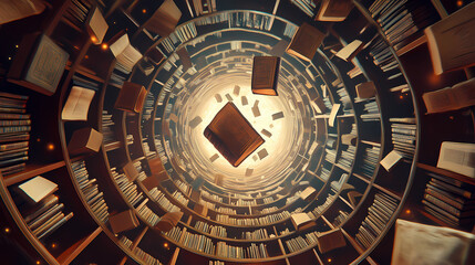 A mystical circular library filled with ancient tomes, glowing enchanted books floating mid-air, walls lined with shelves of old scrolls and relics. Floating Relics. Illustration