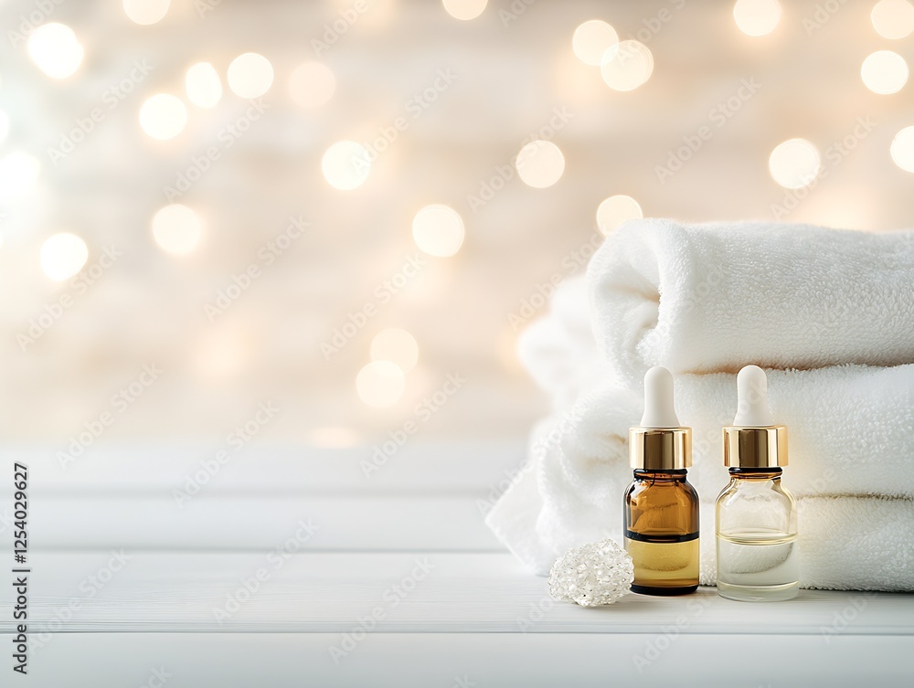 Aufkleber Artistic display of two glass dropper bottles surrounded by luxurious towels and sparkling bokeh lights : Generative AI
