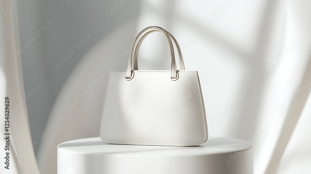 Poster Minimalistic white handbag showcased on a pedestal with soft light and shadows creating an artistic ambiance : Generative AI