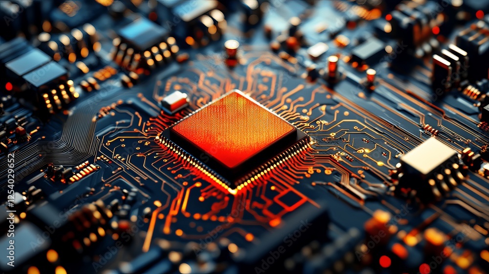 Poster high resolution detailed closeup of a modern circuit board technology digital microchip processor po