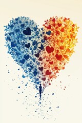 Abstract heart-shaped illustration with blue and orange floral patterns and silhouette