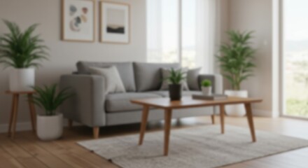 A softly blurred image of a modern living room featuring a cozy gray sofa a wooden coffee table and potted plants
