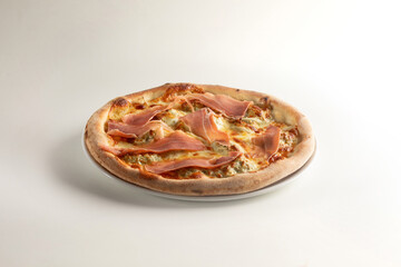 delicious pizza with pistachio, speck, mozzarella on white background
