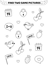 Valentines day. Find two same pictures. Black and white. Game for children. Spot two identical pictures. Isolated vector illustration eps 10
