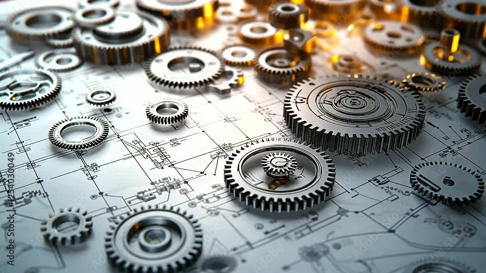 Poster a sprawling technical drawing of a complex mechanical system, with gears, levers, and rotational ele