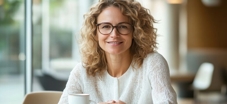 Smiling woman with curly hair in a cozy cafe environment