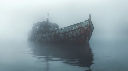 Fototapeta premium An abandoned, rusty shipwreck floating in calm waters, shrouded in mist. Floating Relics. Illustration
