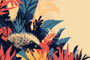 Illustrated poster featuring hedgehogs with geometric spines foraging under abstract bushes, Swiss