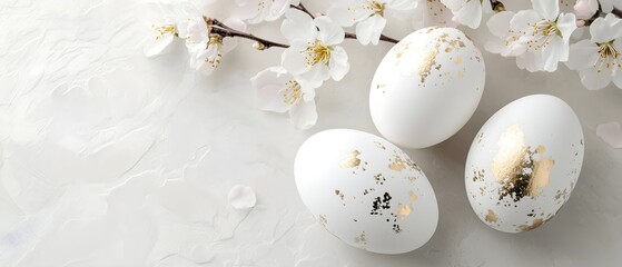 Three white easter eggs with gold, spring holiday decorations, festive easter composition, for holiday banner, elegant greeting, horizontal  banner copy space