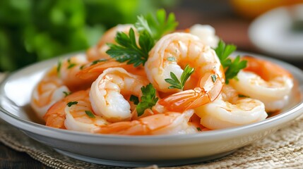 Plate of cooked shrimp with parsley garnish, served as an appetizer or main course. Close-up food shot.