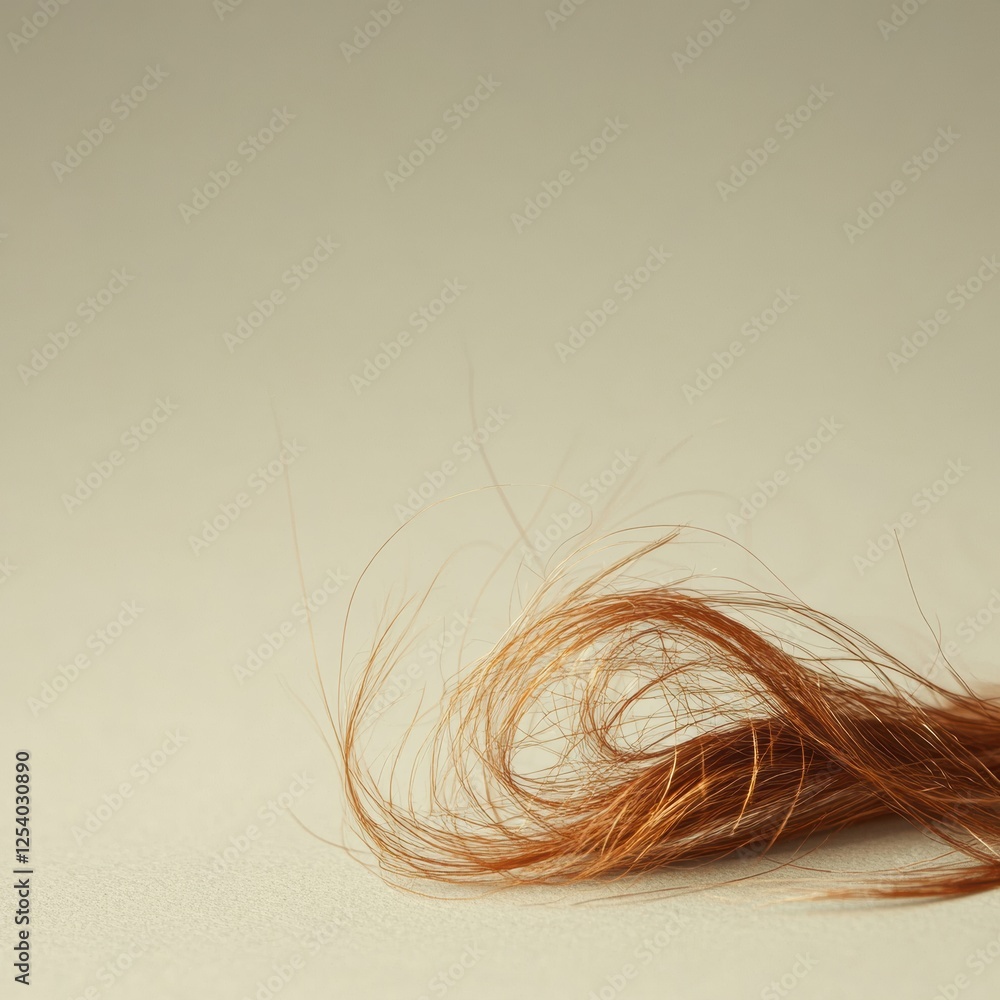 Poster Macro shot capturing the details of a broken strand of hair on a neutral surface in soft lighting. Generative AI