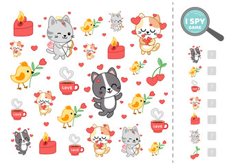 Fototapeta premium I spy game for kids on Valentines day. Search and count how many. Math game. Isolated vector illustration eps 10 