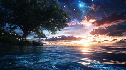 Oceanic Tree Reaching for Stars, a solitary tree emerges from the ocean depths, its branches stretching skyward, symbolizing resilience and hope.