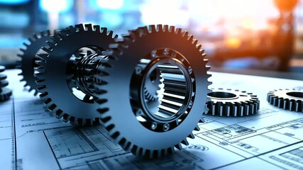 A technical engineering drawing featuring precision gear mechanisms, mechanical linkages, and flowcharts of the system's operation, set in a high-tech industrial design studio.