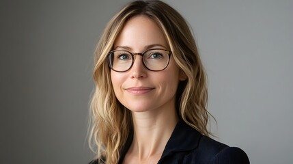 Fototapeta premium Portrait of a smiling, blonde woman with glasses wearing a dark blazer against a gray backdrop.