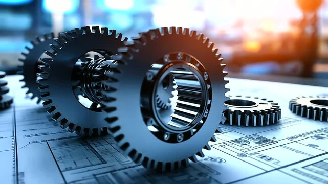 A technical engineering drawing featuring precision gear mechanisms, mechanical linkages, and flowcharts of the system's operation, set in a high-tech industrial design studio.